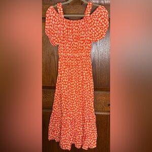Cazibe Turkish Orange/Yellow Daisy Off Shoulder Midi Ruffle Dress Women M Spring